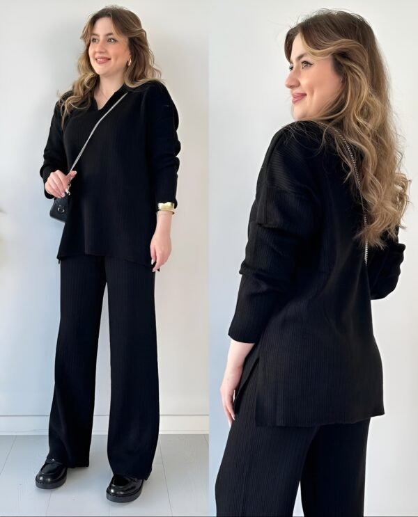 Women's Two Piece Sets Casual Loose Knitted Long Sleeve Sweater + Wide Leg Pants - Black - Image 8