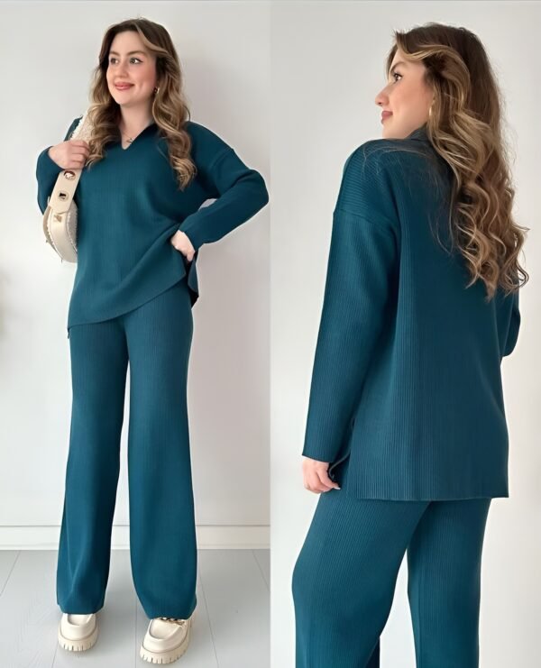 Women's Two Piece Sets Casual Loose Knitted Long Sleeve Sweater + Wide Leg Pants - Dark Aqua - Image 2