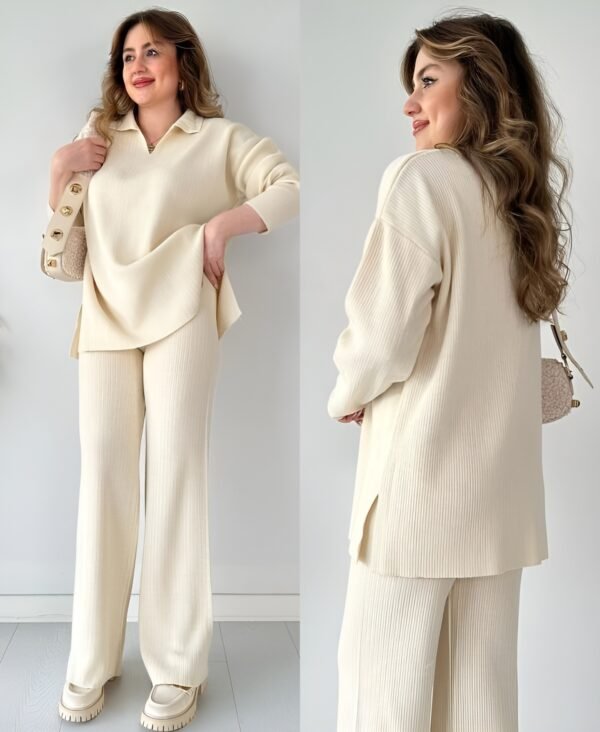 Women's Two Piece Sets Casual Loose Knitted Long Sleeve Sweater + Wide Leg Pants - Off White - Image 9