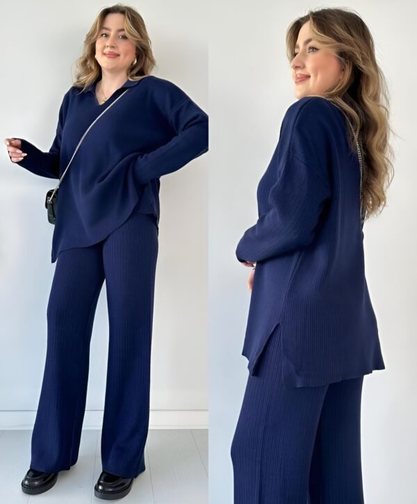Women's Two Piece Sets Casual Loose Knitted Long Sleeve Sweater + Wide Leg Pants - Blue - Image 2