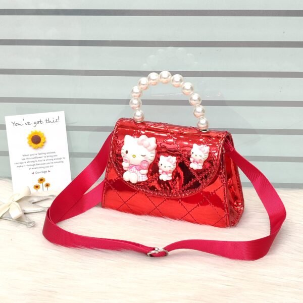 Shiny Red Mini Handbag – Pearl Handle & Adjustable Sling - Image 3