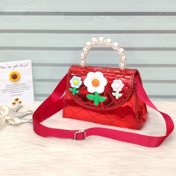 Shiny Red Mini Handbag – Pearl Handle & Adjustable Sling - Image 2