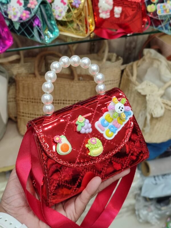 Shiny Red Mini Handbag – Pearl Handle & Adjustable Sling - Image 6