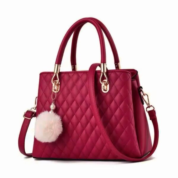 Chic Quilted Leather Top-Handle Satchel with Pompon Charm - Image 4